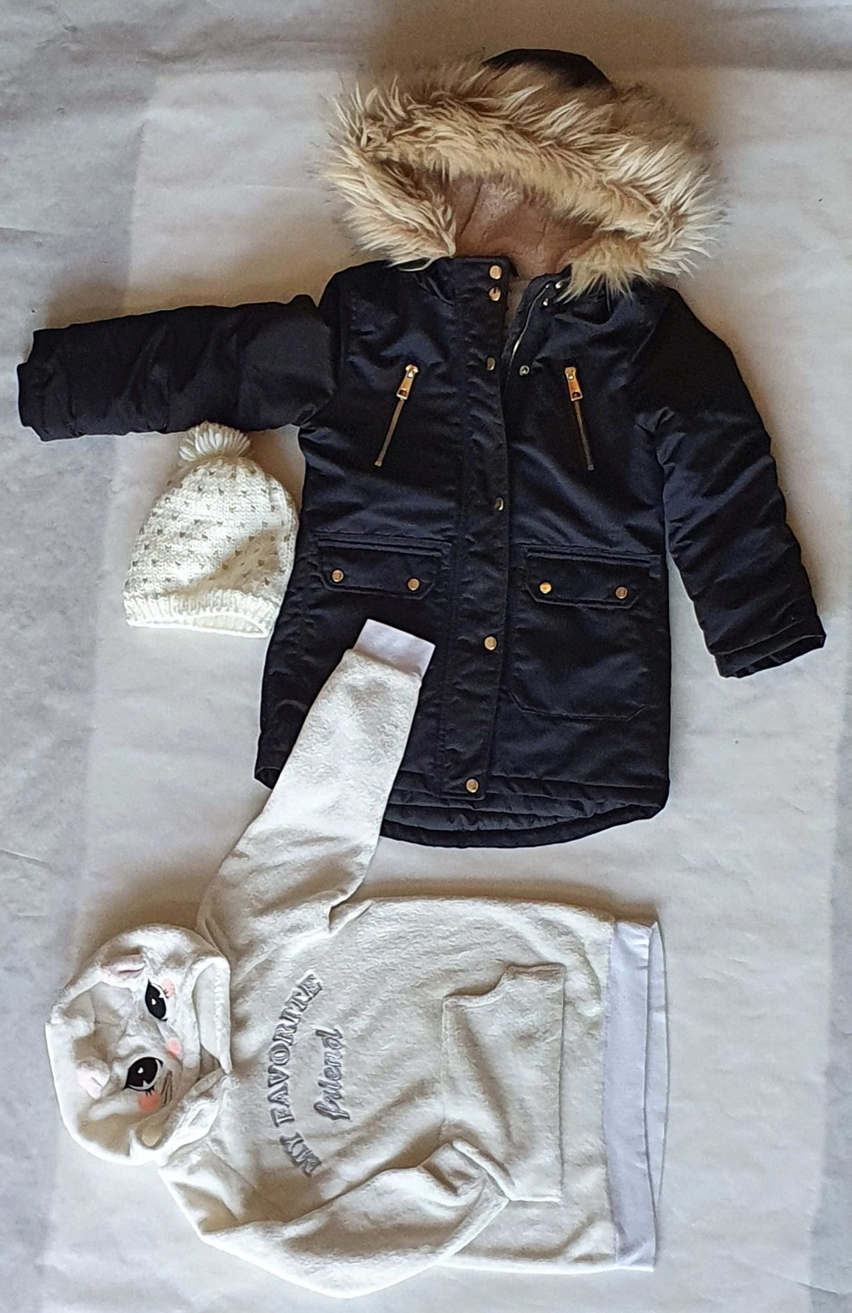 Téli kabát, pihe-puha cuki pulcsi és sapi 5-6 éves leányzónak.